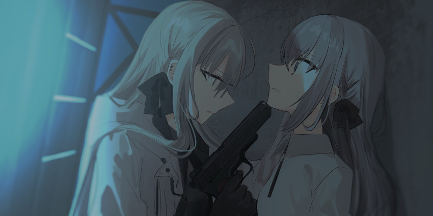 2girls aiming bangs black_bow black_gloves black_shirt blue_eyes bow chihuri collared_shirt ear_piercing eve_(chihuri) eyebrows_visible_through_hair gloves grey_eyes grey_hair gun hair_between_eyes hair_bow handgun highres holding holding_gun holding_weapon hood hood_down hooded_jacket jacket long_hair multiple_girls open_clothes open_jacket original piercing pistol shirt sweat upper_body weapon weapon_request white_jacket white_shirt zoya_petrovna_vecheslova