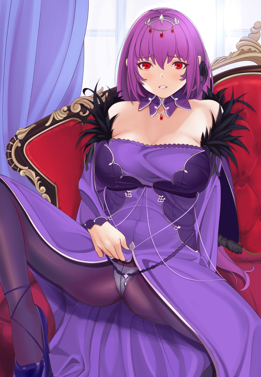 1girl absurdres bangs bare_shoulders breasts couch crown dress embarrassed fate/grand_order fate_(series) hair_between_eyes hair_ribbon highres jewelry large_breasts looking_at_viewer panties pantyhose quatthro red_eyes ribbon scathach_(fate)_(all) scathach_skadi_(fate/grand_order) sitting solo spread_legs thigh-highs underwear violet_eyes window