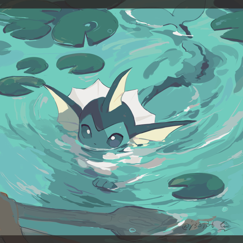absurdres aqua_theme commentary_request gen_1_pokemon hideko_(l33l3b) highres lily_pad no_humans partially_submerged pokemon pokemon_(creature) solo swimming twitter_username vaporeon water