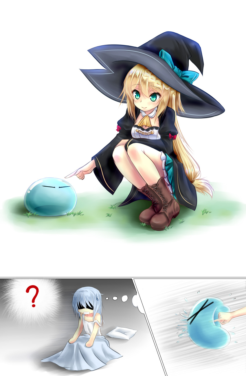 ? absurdres aizawa_azusa blonde_hair blue_eyes boots bow crossover dreaming grass hat hat_bow highres kiryu264 long_hair pillow rimuru_tempest skirt slime slime_taoshite_300_nen_shiranai_uchi_ni_level_max_ni_nattemashita sweatdrop tensei_shitara_slime_datta_ken witch_hat