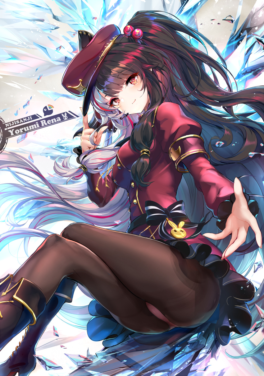 1girl absurdres alternate_costume ass black_legwear character_name commentary_request hat highres long_hair looking_at_viewer military military_hat military_uniform multicolored_hair night nijisanji pantyhose red_eyes smile solo thyr uniform yorumi_rena