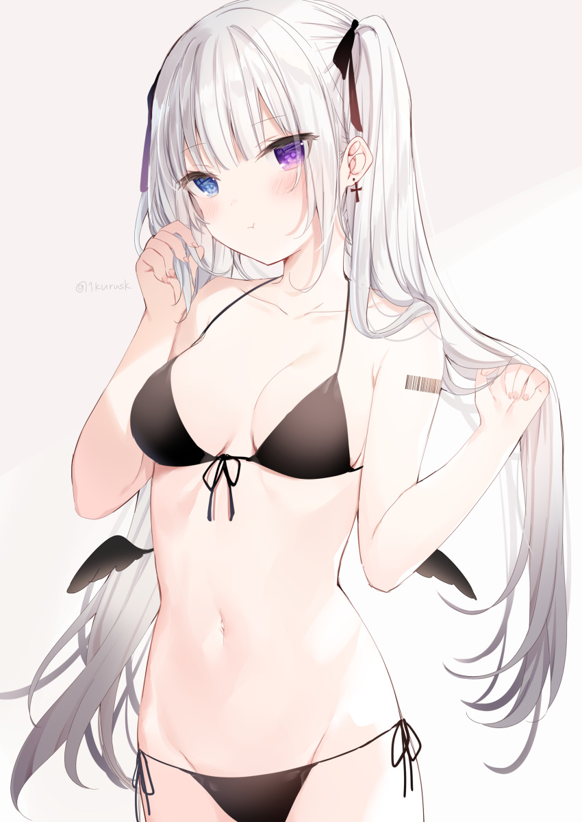 1girl :t absurdres barcode_tattoo bare_arms bare_shoulders bikini black_bikini blue_eyes breasts collarbone cowboy_shot earrings front-tie_bikini front-tie_top groin halterneck hands_up heterochromia highres jewelry long_hair looking_at_viewer mafuyu_(chibi21) medium_breasts mini_wings navel original pout side-tie_bikini silver_hair solo stomach string_bikini swimsuit tattoo twintails very_long_hair violet_eyes white_background