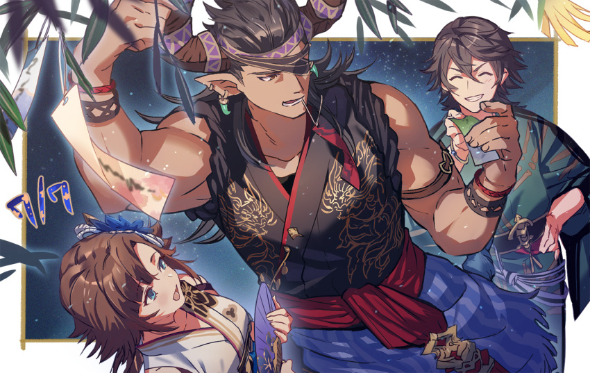 1girl 2boys ^_^ biceps black_hair blue_eyes border bracelet brown_eyes brown_hair cain_(granblue_fantasy) closed_eyes collarbone commentary_request dated draph ear_piercing earrings eyepatch fan granblue_fantasy hair_ornament hand_on_hip holding holding_fan horns japanese_clothes jewelry kimono leona_(granblue_fantasy) long_hair multiple_boys muscle official_art open_mouth paper_fan piercing reinhardtzar short_hair tanabata tanzaku teeth teeth_hold tongue uchiwa white_border yukata