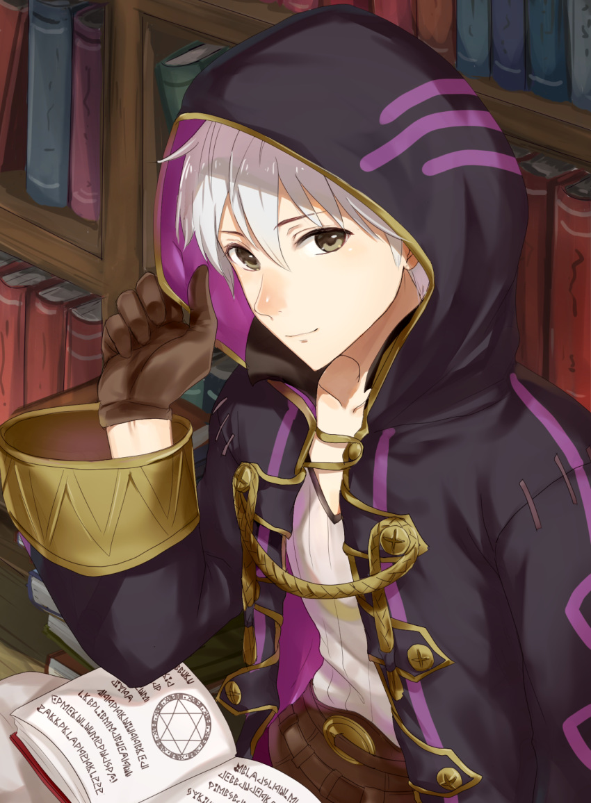 1boy bangs black_coat book bookshelf brown_eyes brown_gloves coat collarbone fire_emblem fire_emblem_awakening gloves hair_between_eyes haru_(nakajou-28) highres hood hood_up hooded_coat indoors long_sleeves male_focus open_book robin_(fire_emblem) robin_(fire_emblem)_(male) runes shiny shiny_hair shirt silver_hair sitting solo white_shirt