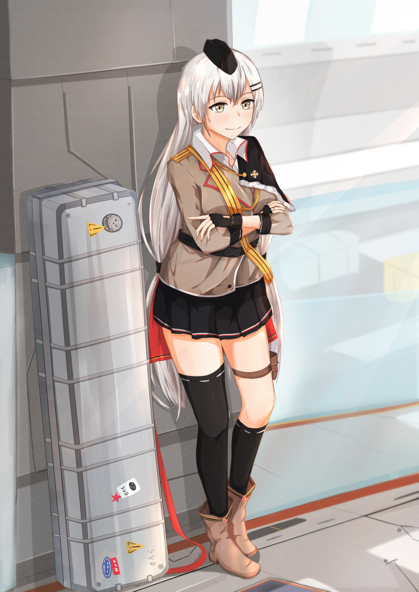 1girl absurdres bangs barrette belt black_gloves black_legwear black_skirt boots breasts brown_footwear brown_jacket crossed_arms eyebrows_visible_through_hair girls_frontline gloves grey_eyes grey_hair hair_ribbon hat highres huge_filesize jacket jewelry long_hair looking_away military military_hat military_uniform ribbon ring shirt silver_hair skirt smile solo svd_(girls_frontline) svd_fun tape thigh-highs uniform very_long_hair weapon_case white_shirt