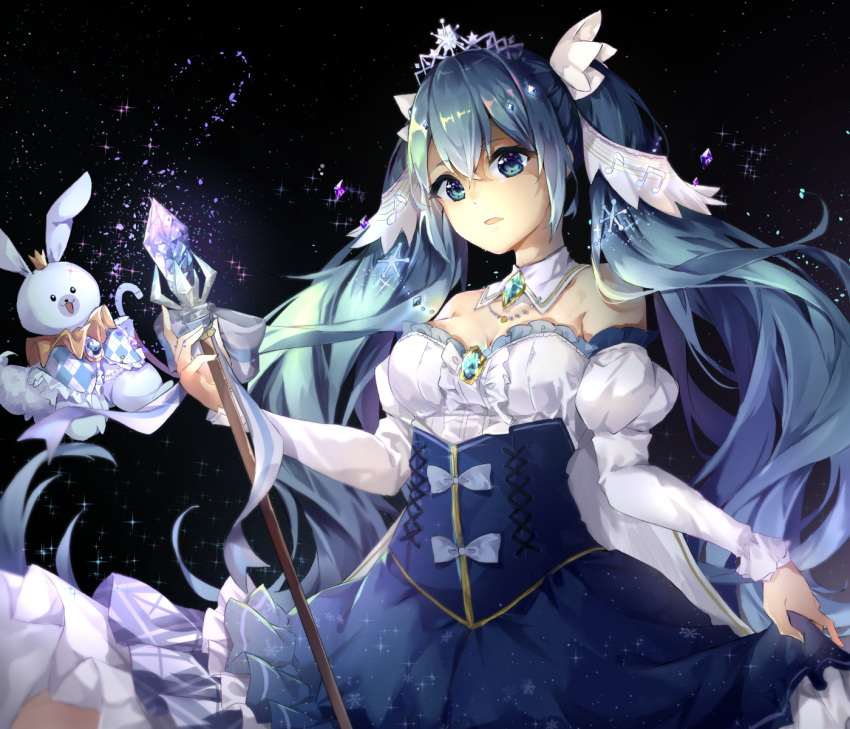 1girl amulet aqua_eyes aqua_hair bare_shoulders beamed_eighth_notes black_background blue_dress cape commentary crown crystal detached_sleeves dress eighth_note framed frilled_dress frills glowing_crystal hatsune_miku highres hinamaru layered_dress long_hair musical_note musical_note_print neck_ruff open_mouth princess rabbit rabbit_yukine scepter skirt_hold snowflake_print tiara twintails very_long_hair vocaloid white_cape white_sleeves yuki_miku yuki_miku_(2019)
