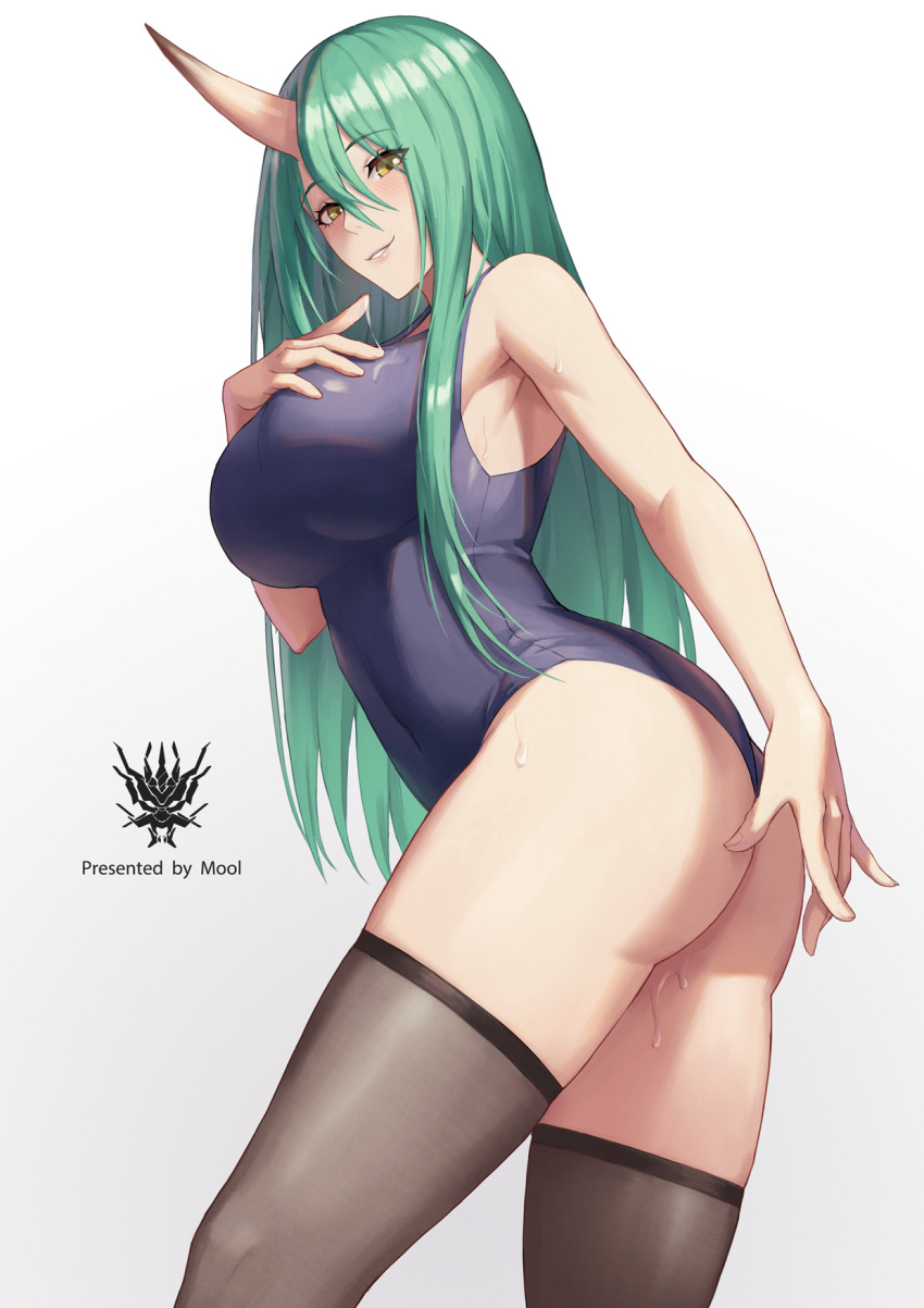 1girl aqua_hair arknights ass bangs bare_shoulders black_legwear blue_swimsuit blush breasts eyebrows_visible_through_hair grin hair_between_eyes highres horns hoshiguma_(arknights) long_hair looking_at_viewer mool_yueguang one-piece_swimsuit single_horn smile solo swimsuit thigh-highs yellow_eyes