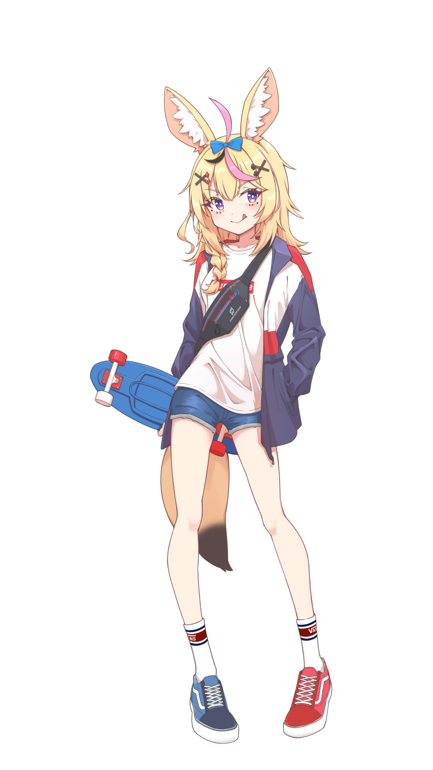 1girl :q absurdres ahoge blonde_hair blue_shorts bow facial_mark fanny_pack fox_girl hair_bow hair_ornament hairclip hand_in_pocket highres holding_skateboard hololive jacket long_hair looking_at_viewer mismatched_footwear omaru_polka pigeon-toed pink_hair quarterlift shirt shoes short_hair shorts simple_background skateboard skateboard_behind_back smile sneakers solo supreme thigh_strap tongue tongue_out virtual_youtuber white_background white_shirt x_hair_ornament