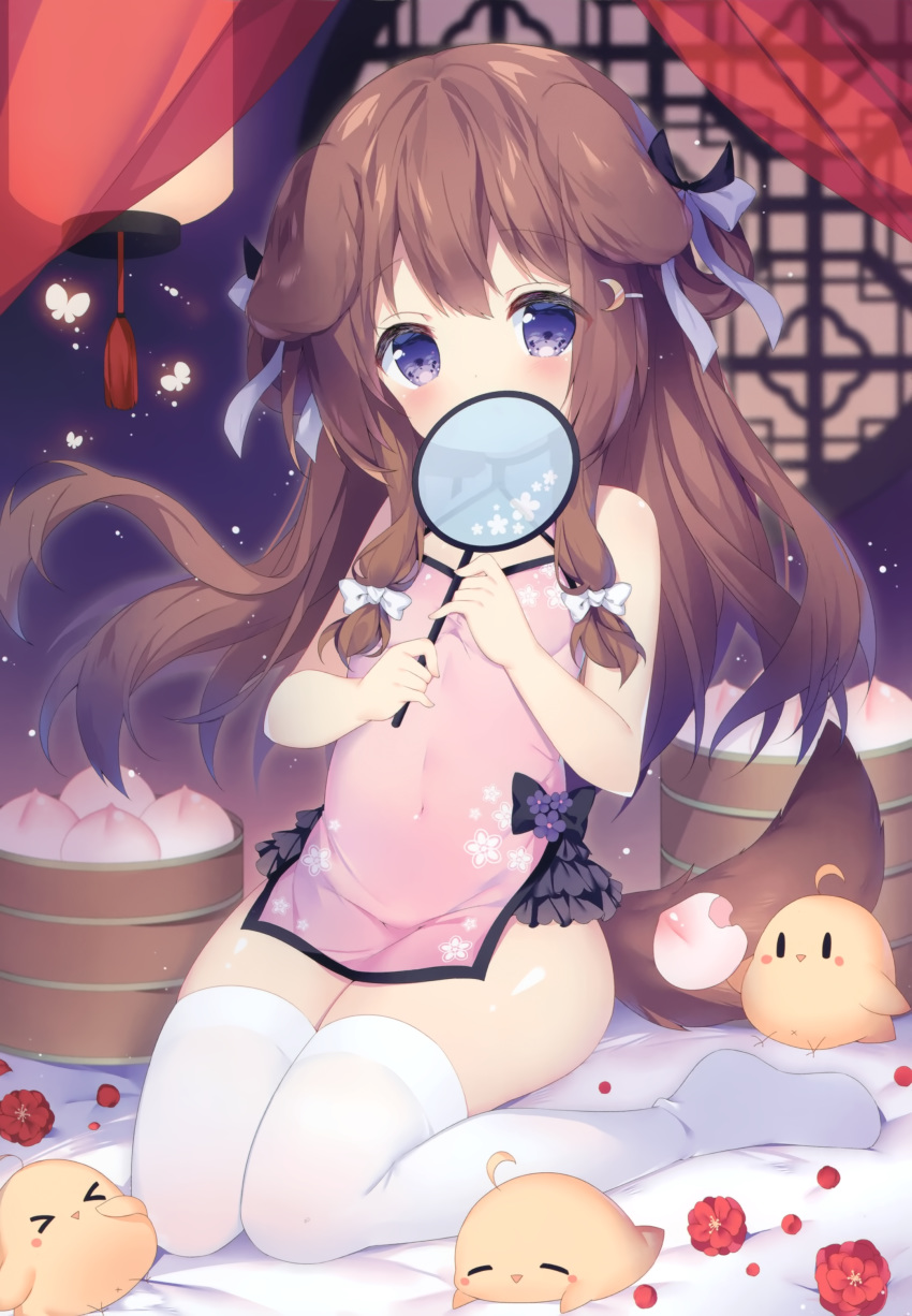 &gt;_&lt; 1girl =_= absurdres animal_ears azur_lane bamboo_steamer bangs baozi bird blue_eyes blurry blurry_background blush blush_stickers bow breasts brown_hair bug butterfly chestnut_mouth chick china_dress chinese_clothes covered_navel covering_mouth crescent crescent_hair_ornament curtains dog_ears dog_girl dog_tail dress eyebrows_visible_through_hair fan floral_print flower food full_body fumizuki_(azur_lane) hair_bow hair_ornament hairclip highres holding holding_fan holding_food insect knees_together_feet_apart lantern long_hair looking_at_viewer manjuu_(azur_lane) no_shoes on_bed petals pink_dress purple_bow ribbon see-through short_dress side_slit sidelocks sitting sitting_on_bed sleeveless sleeveless_dress small_breasts solo_focus tail thigh-highs thighs tsukimi_(xiaohuasan) two_side_up wariza white_bow white_legwear window |_|