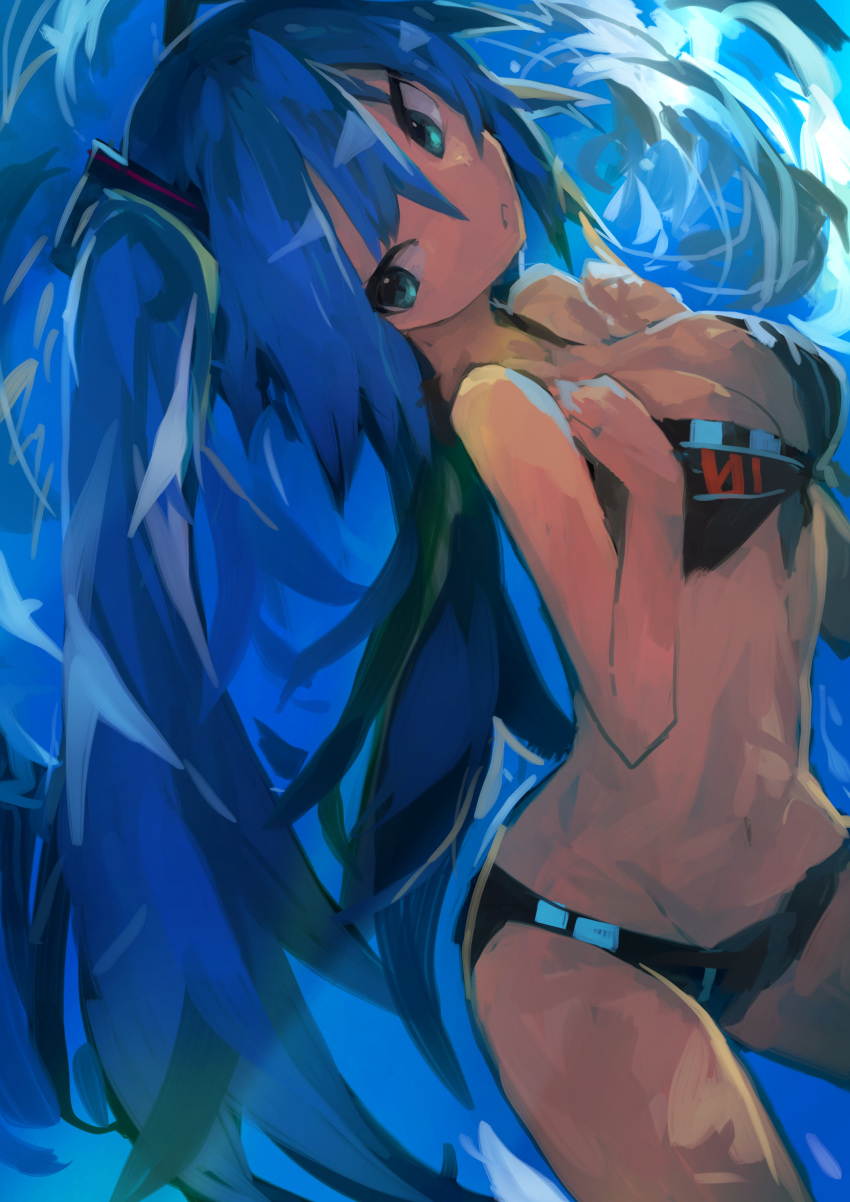 1girl absurdres aqua_eyes bikini black_bikini blue_hair breasts commentary contrapposto cowboy_shot hair_ornament hands_up hatsune_miku highres kaamin_(mariarose753) long_hair medium_breasts navel solo swimsuit twintails very_long_hair vocaloid