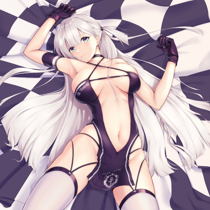 1girl arm_strap arm_up azur_lane bangs bare_shoulders black_choker black_dress black_gloves blue_eyes blunt_bangs blush breasts breasts_apart center_opening checkered checkered_flag choker closed_mouth clothes_writing copyright_name criss-cross_halter dress enchuu_kakiemon eyebrows_visible_through_hair flag garter_straps gloves halterneck head_tilt highres large_breasts long_hair looking_at_viewer mole mole_under_eye navel one_side_up racequeen revealing_clothes shoukaku_(azur_lane) silver_hair smile solo stomach straight_hair thigh-highs unzipped very_long_hair white_legwear