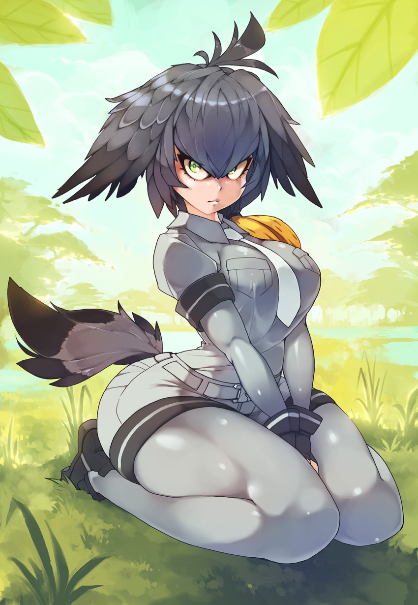 1girl arched_back bangs belt between_legs bird_tail black_gloves black_hair bodystocking breast_pocket breasts closed_mouth collared_shirt curvy day fingerless_gloves full_body gloves grass green_eyes grey_shirt grey_shorts hair_between_eyes hand_between_legs highres kemono_friends long_hair long_sleeves looking_at_viewer multicolored_hair necktie orange_hair outdoors pocket rtil seiza shiny shiny_clothes shiny_hair shirt shoebill_(kemono_friends) short_over_long_sleeves short_sleeves shorts sidelocks sitting solo tail thick_thighs thighs v_arms white_neckwear wing_collar