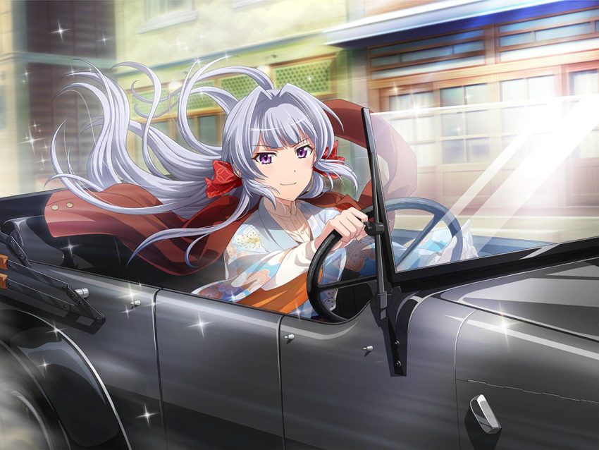 1girl car dress grey_hair long_hair shoujo_kageki_revue_starlight smile solo violet_eyes yukishiro_akira