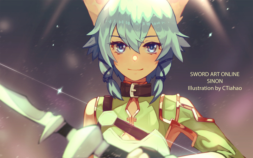 1girl animal_ear_fluff animal_ears artist_name blue_eyes blue_hair bow_(weapon) cat_ears character_name choker close-up copyright_name ctiahao highres holding_bow looking_at_viewer sinon solo sword_art_online weapon