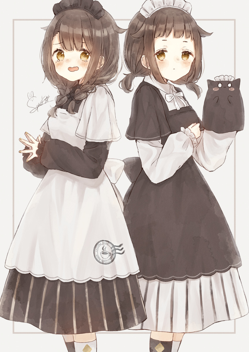 2girls absurdres bangs black_bow black_dress black_legwear blush bow braid brown_eyes brown_hair closed_mouth commentary_request dress eyebrows_visible_through_hair grey_background hair_bow hand_puppet highres huge_filesize long_hair long_sleeves looking_at_viewer low_twintails maid maid_headdress mismatched_legwear multiple_girls open_mouth original puffy_long_sleeves puffy_sleeves puppet shano-pirika short_over_long_sleeves short_sleeves siblings signature sisters sleeves_past_wrists standing steepled_fingers striped tears thigh-highs twin_braids twins twintails vertical_stripes wavy_mouth white_bow white_dress white_legwear