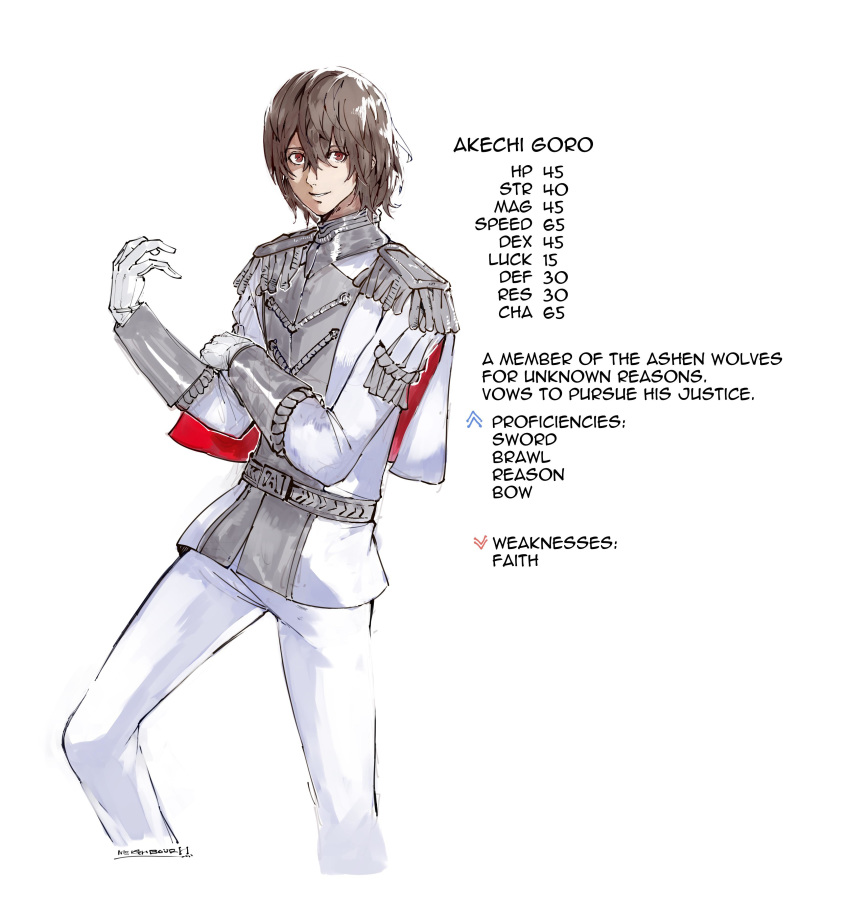 1boy absurdres adapted_costume akechi_gorou capelet character_name english_text fire_emblem fire_emblem:_three_houses gloves highres long_sleeves persona persona_5 red_eyes signature simple_background white_background yourfreakyneighbourh
