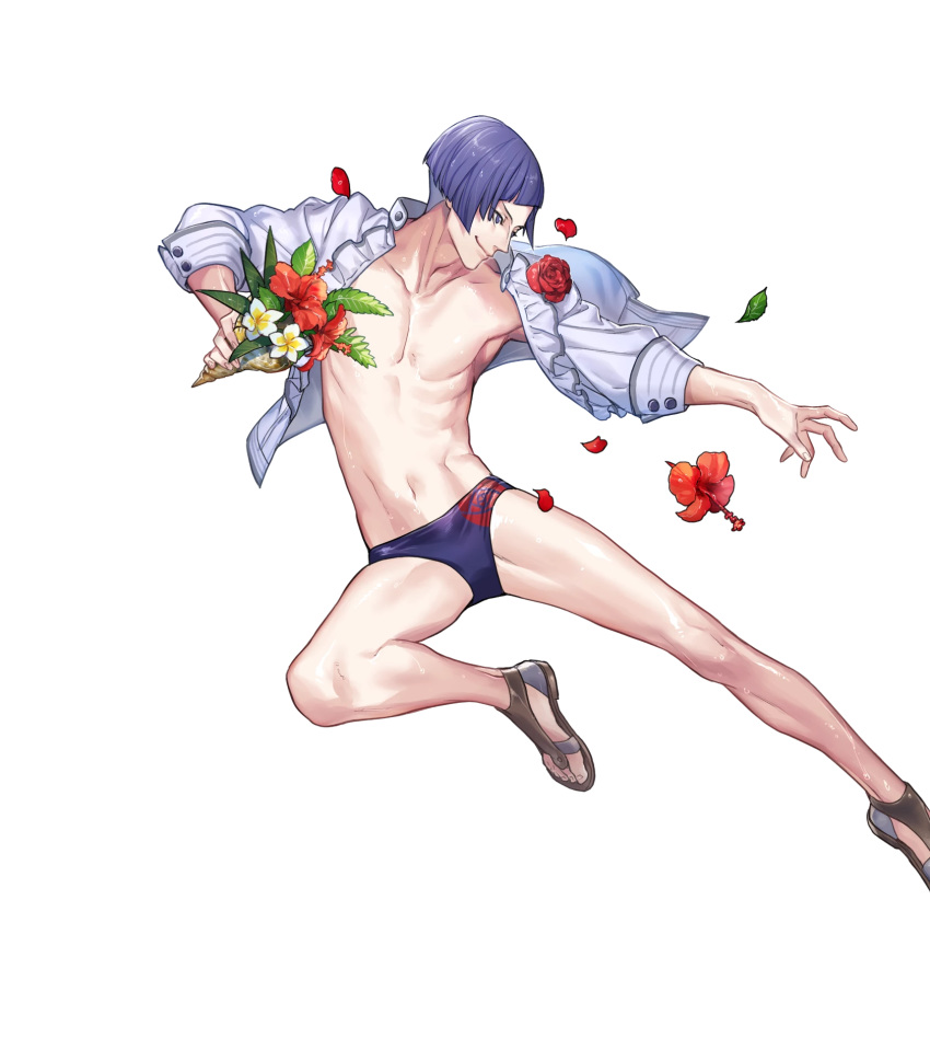 1boy abs asymmetrical_hair bouquet fire_emblem fire_emblem:_three_houses fire_emblem_heroes flower full_body highres leaf lorenz_hellman_gloucester male_focus navel official_art open_clothes open_shirt p-nekor petals purple_hair rose sandals seashell shell swimsuit transparent_background violet_eyes