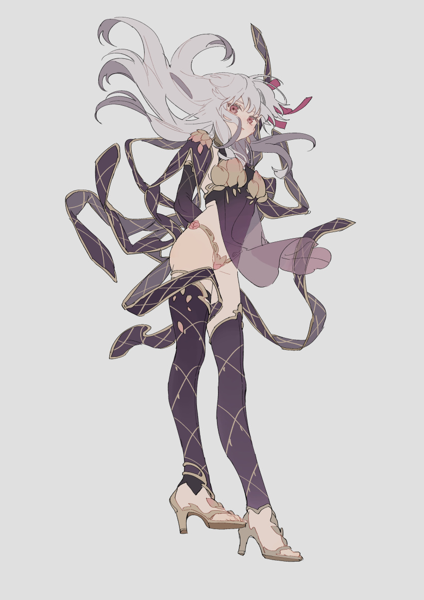 1girl absurdres armlet armor arms_behind_back bangs bikini_armor blush boots breasts closed_mouth collar dress earrings elbow_gloves fate/grand_order fate_(series) full_body gloves grey_background grey_hair hair_ribbon high_heel_boots high_heels highres jewelry kama_(fate/grand_order) legs long_hair looking_at_viewer medium_breasts metal_collar pelvic_curtain pink_eyes pink_ribbon purple_dress purple_legwear purple_sleeves ribbon see-through simple_background thigh-highs thighlet zhibuji_loom