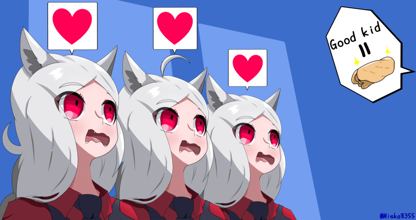 3girls animal_ears cerberus_(helltaker) dog dog_ears dog_girl grey_hair heart helltaker highres long_hair miska multiple_girls red_eyes spoken_heart