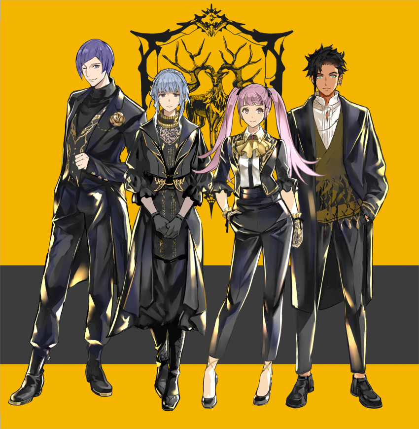 2boys 2girls arm_behind_back black_footwear black_legwear blue_eyes blue_hair boots braid braided_bun brown_hair claude_von_riegan dark_skin deer deer_antlers fire_emblem fire_emblem:_three_houses frown gold_choker gold_trim golden_rose hand_in_pocket hand_on_hip hands_together highres hilda_valentine_goneril long_coat lorenz_hellman_gloucester marianne_von_edmund maruidenq multiple_boys multiple_girls one_eye_closed pale_skin pink_eyes pink_hair pose smirk tassel twintails vest yellow_background