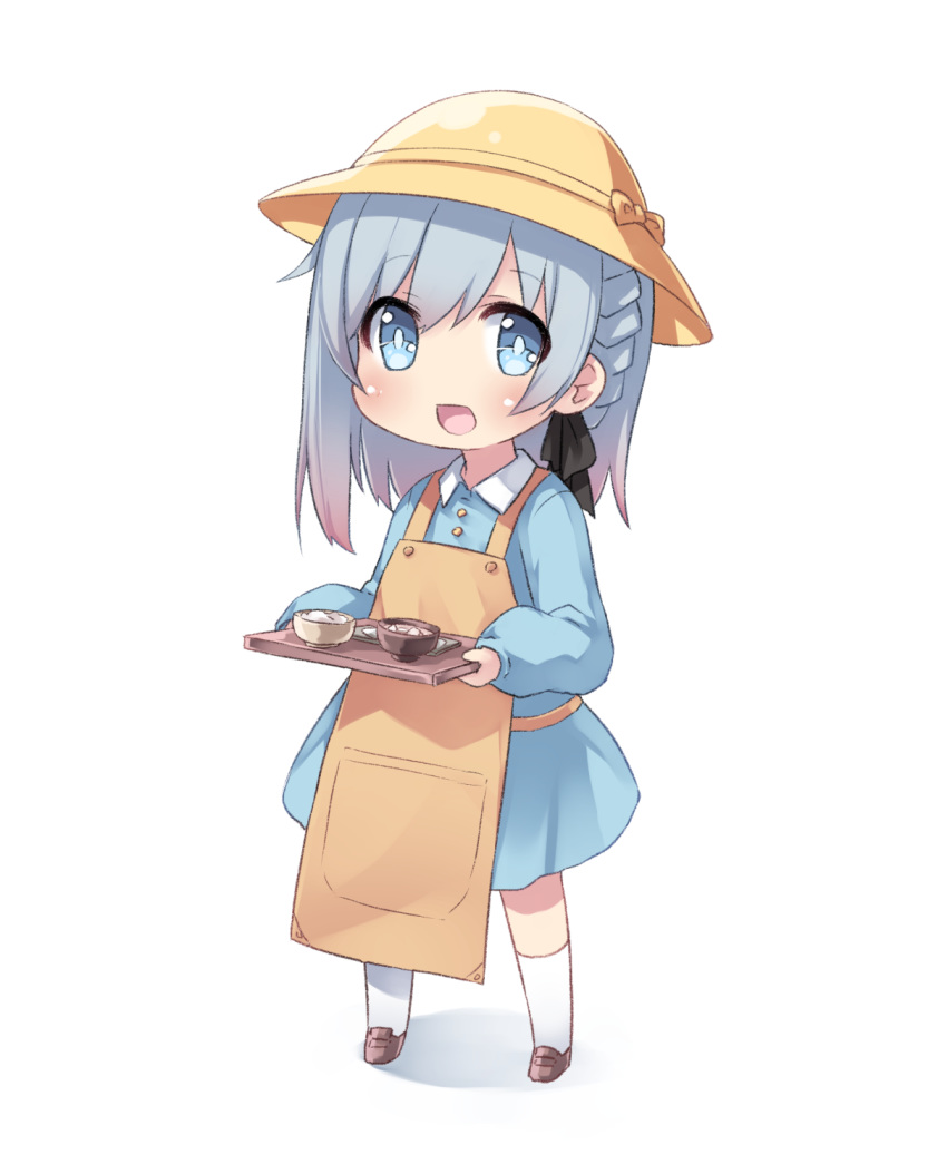 1girl apron blue_dress blue_eyes blue_hair bowl braid brown_footwear character_request child dress food full_body hat highres kindergarten_uniform kneehighs long_hair open_mouth original ribbon school_hat shoes simple_background smile solo tamase_tama tray virtual_youtuber white_background white_legwear yellow_apron yellow_headwear