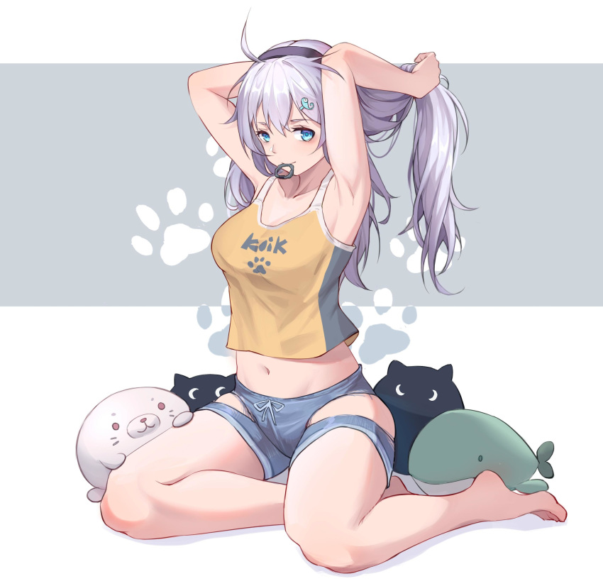 1girl absurdres ahoge armpits arms_up bangs bankongping bare_arms bare_legs bare_shoulders barefoot benghuai_xueyuan blue_eyes blue_shorts breasts crop_top grey_background hair_between_eyes hair_ornament hair_tie_in_mouth hairband highres honkai_(series) honkai_impact_3rd kiana_kaslana long_hair looking_at_viewer medium_breasts midriff mouth_hold navel paw_print purple_hairband shadow short_shorts shorts silver_hair sitting smile solo stomach stuffed_animal stuffed_toy stuffed_whale tank_top thighs two-tone_background white_background yellow_tank_top yokozuwari