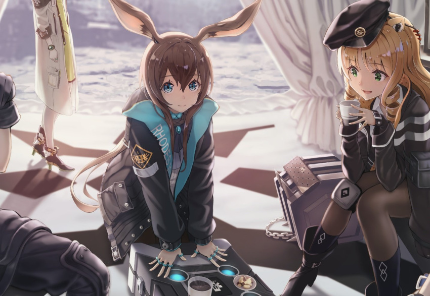 5girls amiya_(arknights) animal_ears arknights arm_pouch bangs black_footwear black_gloves black_headwear black_jacket blonde_hair blue_eyes blue_hair blue_jacket boots brown_hair cat_ears ch'en_(arknights) closed_mouth coffee_cup commentary_request cravat cup curtains disposable_cup dress drill_hair eyebrows_visible_through_hair food gloves green_dress green_eyes hat holding holding_cup hoshiguma_(arknights) hoshizaki_reita indoors jacket jewelry kal'tsit_(arknights) knee_guards knees_together_feet_apart leaning leaning_forward leaning_on_object long_hair long_sleeves looking_at_viewer multiple_girls multiple_rings open_mouth pantyhose rabbit_ears ring seiza shiny shiny_hair shoes short_sleeves sitting smile socks standing swire_(arknights) watch weapon_case white_curtains white_jacket window wrist_guards