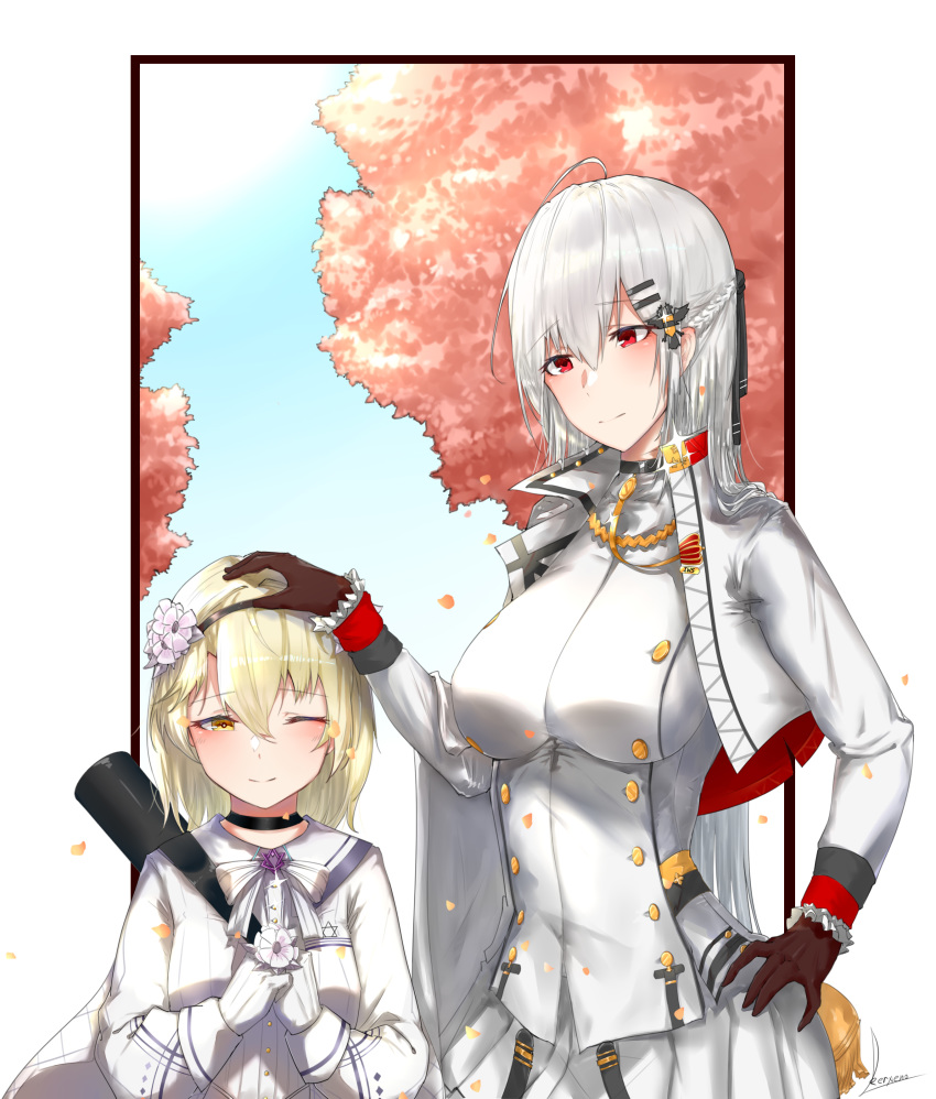 absurdres bangs blonde_hair blush breasts cape choker eyebrows_visible_through_hair flower girls_frontline gloves hair_between_eyes hair_flower hair_ornament hair_ribbon hairband hairclip hexagram highres holding iws-2000_(girls_frontline) kerxeno long_hair military military_uniform pleated_skirt red_eyes ribbon shirt silver_hair skirt star_of_david uniform x95_(girls_frontline) yellow_eyes