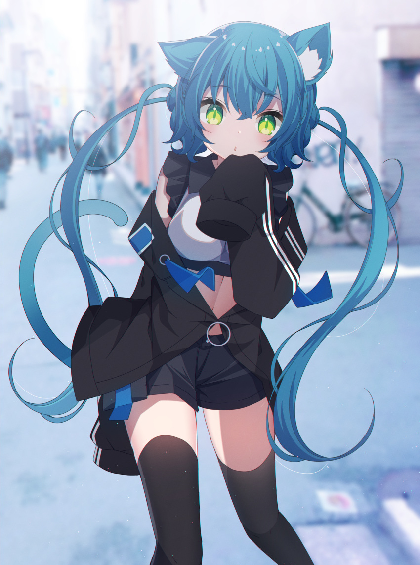 1girl absurdres animal_ears black_jacket black_legwear black_shorts blue_hair breasts cat_ears cat_girl cat_tail collared_shirt crop_top day frilled_shirt frills green_eyes highres huge_filesize jacket long_hair long_sleeves looking_at_viewer medium_breasts midriff off_shoulder open_clothes open_jacket original outdoors parted_lips photo_background sapphire_(sapphire25252) shirt short_shorts shorts sleeveless sleeveless_shirt sleeves_past_fingers sleeves_past_wrists slit_pupils solo standing tail thigh-highs thighs twintails very_long_hair white_shirt
