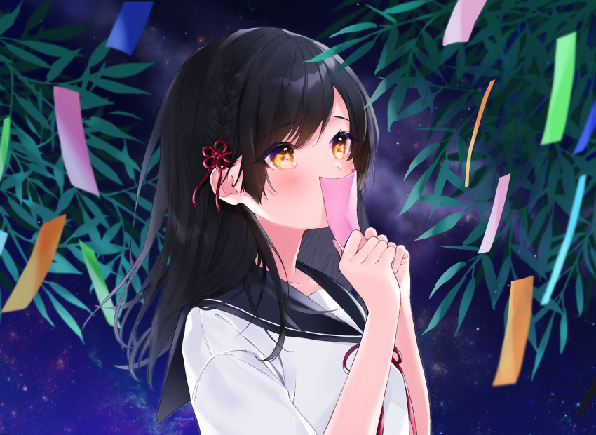 1girl bangs black_hair black_sailor_collar blush braid commentary_request covering_mouth crying crying_with_eyes_open eyebrows_visible_through_hair flower_knot hair_ribbon highres holding leaf long_hair looking_away looking_up night night_sky orange_eyes original outdoors red_ribbon ribbon sailor_collar school_uniform serafuku shirt short_sleeves sky solo star_(sky) starry_sky swept_bangs tanabata tears tototete upper_body white_shirt