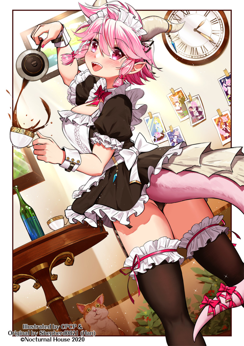 1girl apron black_legwear blush bottle bow bowtie breasts cat clock cpcp360 crystal cup decantering dragon_girl dragon_horns dragon_tail english_commentary eyebrows_visible_through_hair frilled_apron frilled_legwear frills hair_bow hair_ribbon highres holding_teapot horn_ornament horns light_particles looking_at_viewer maid maid_apron maid_headdress original panties photo_(object) pointy_ears portrait_(object) pouring puffy_sleeves red_neckwear red_ribbon ribbon sharp_teeth shepherd0821 short_hair sidelocks skirt smile solo sparkle table tail tail_bow tail_ribbon tea teacup teapot teeth thigh-highs underwear waist_apron white_hair wrist_cuffs