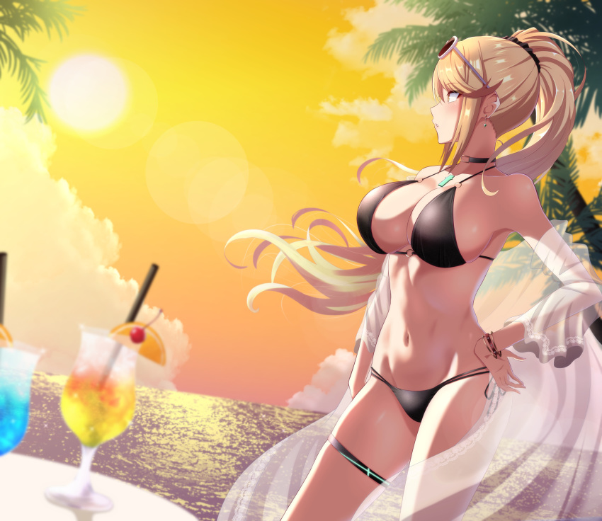 1girl bare_arms bare_shoulders bikini black_bikini black_choker black_scrunchie blonde_hair blurry_foreground breasts cherry choker clouds cup drink drinking_glass drinking_straw earrings eyewear_on_head floating_hair food from_side fruit hair_ornament hair_scrunchie highres mythra_(xenoblade) jewelry large_breasts lens_flare long_hair mebi_(mebieru) navel orange orange_sky orange_slice palm_tree ponytail scrunchie see-through sky solo standing stomach sun sunglasses sunset swimsuit table thigh_strap tree xenoblade_(series) xenoblade_2 yellow_eyes