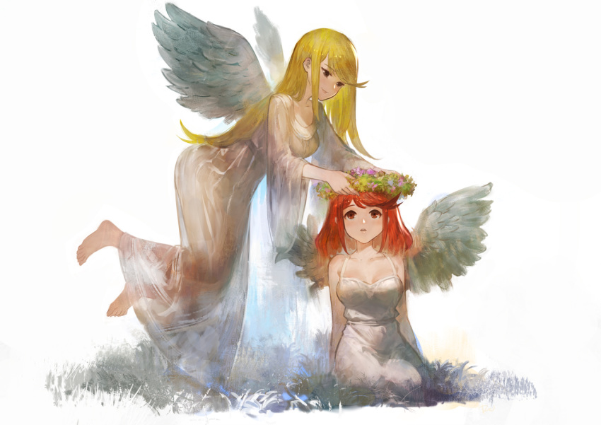 2girls angel_wings barefoot blonde_hair breasts daible dress feathered_wings flower_wreath flying mythra_(xenoblade) pyra_(xenoblade) large_breasts long_dress long_hair looking_up multiple_girls red_eyes redhead short_hair simple_background smile white_background white_dress wings xenoblade_(series) xenoblade_2 yellow_eyes