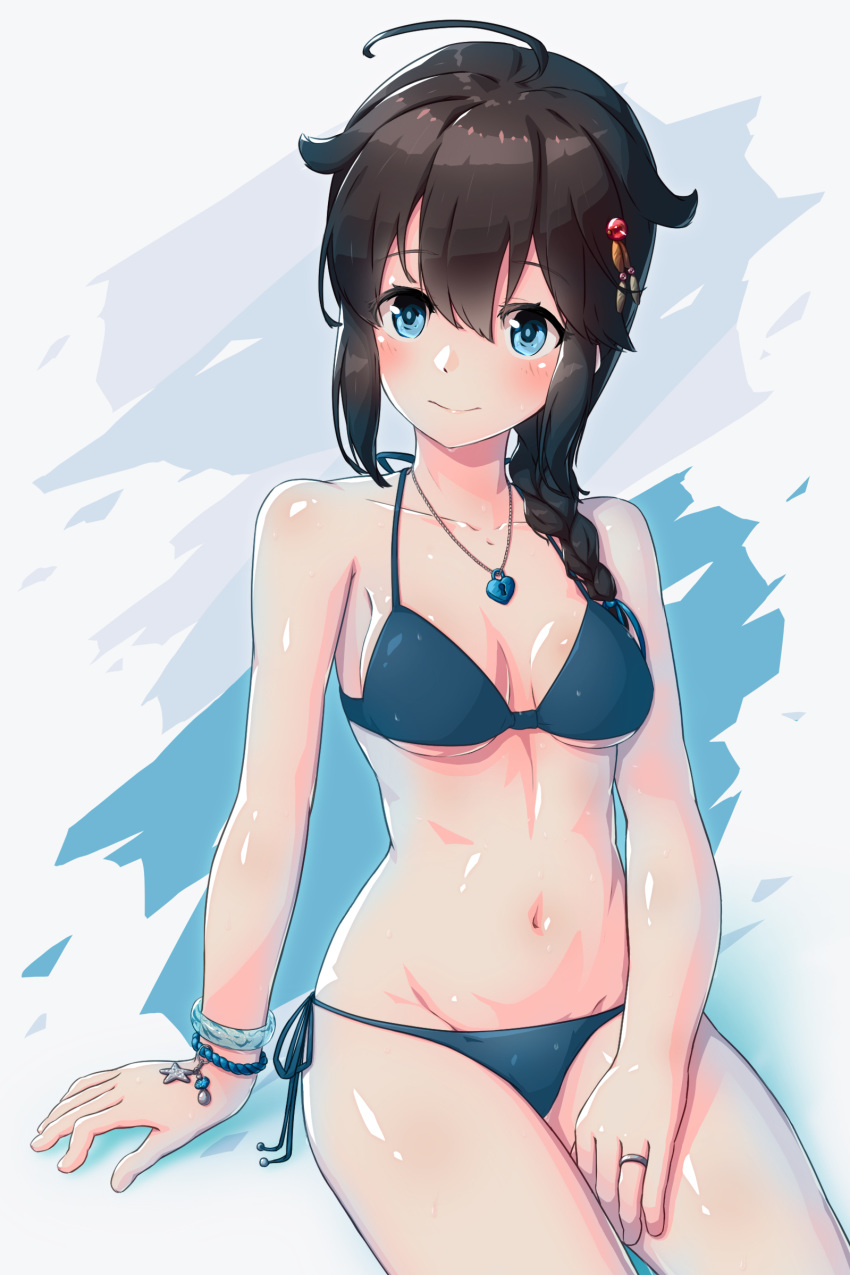 1girl ahoge alternate_costume arthur_ko bikini black_hair blue_bikini blue_eyes bracelet braid breasts hair_flaps hair_over_shoulder heart heart_lock_(kantai_collection) heart_necklace highres jewelry kantai_collection remodel_(kantai_collection) ring shigure_(kantai_collection) side-tie_bikini single_braid sitting small_breasts solo swimsuit wedding_band