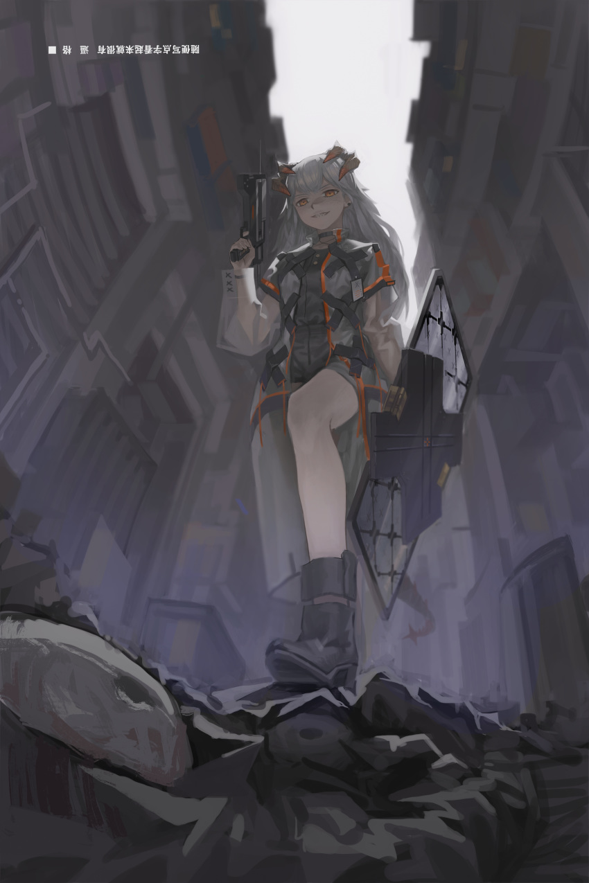 1girl absurdres arknights black_choker black_footwear boots choker from_below grin gun highres holding holding_weapon horns jacket long_hair long_sleeves looking_at_viewer looking_down orange_eyes saria_(arknights) sharp_teeth smile solo teeth weapon white_hair white_jacket yurayura