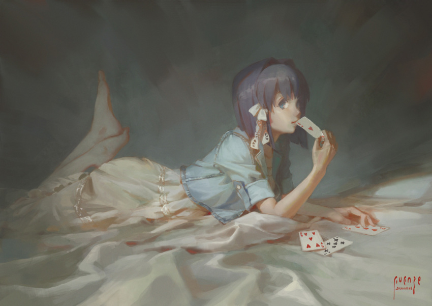 1girl ace_of_hearts arm_support bangs barefoot bed_sheet blue_eyes blue_jacket card clannad closed_mouth cropped_jacket dated dress feet_up fujibayashi_ryou hair_ribbon holding holding_card jacket looking_at_viewer lying medium_hair on_stomach playing_card purple_hair ribbon short_sleeves signature solo white_dress white_ribbon xiaobanbei_milk