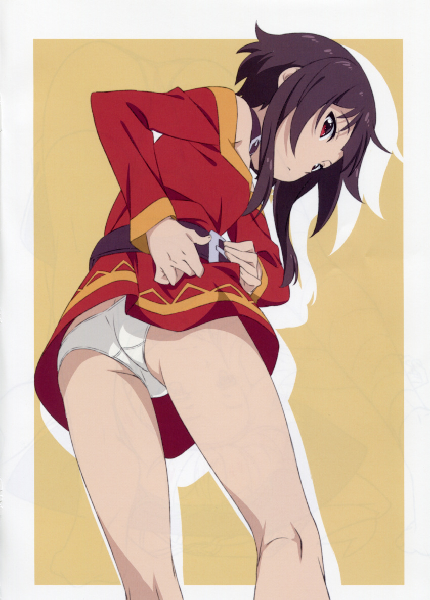 1girl absurdres ass belt black_hair blush choker dressing from_behind gloves highres kono_subarashii_sekai_ni_shukufuku_wo! long_sleeves looking_at_viewer looking_back megumin panties red_eyes scan short_hair short_hair_with_long_locks solo underwear white_panties yamamoto_shuuhei