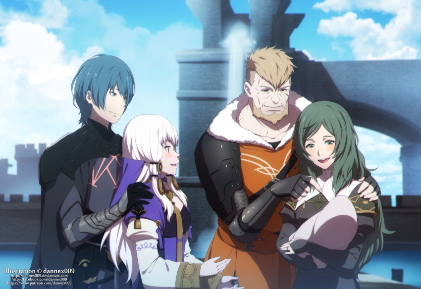 2boys 2girls armor artist_name baby beard black_gloves blue_eyes blue_hair blue_sky brown_hair byleth_(fire_emblem) byleth_eisner_(male) closed_mouth clouds dannex009 day dress facial_hair father_and_son fire_emblem fire_emblem:_three_houses from_side gloves green_eyes green_hair hair_ornament highres husband_and_wife if_they_mated jeralt_reus_eisner long_hair long_sleeves lysithea_von_ordelia mother_and_son multiple_boys multiple_girls open_mouth outdoors short_hair sitri_(fire_emblem) sky smile watermark web_address white_hair