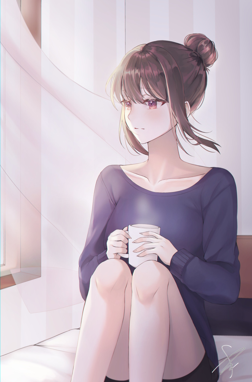 1girl absurdres bangs bed black_shorts blue_sweater brown_eyes brown_hair closed_mouth collarbone cup curtains ffflilil hair_bun highres holding holding_cup original shorts sidelocks sitting sweater window