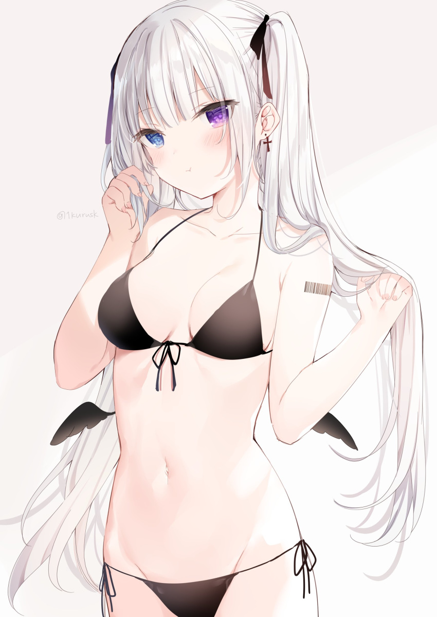 1girl :t absurdres barcode_tattoo bare_arms bare_shoulders bikini black_bikini blue_eyes breasts collarbone cowboy_shot earrings front-tie_bikini front-tie_top groin halterneck hands_up heterochromia highres jewelry long_hair looking_at_viewer mafuyu_(chibi21) medium_breasts mini_wings navel original pout side-tie_bikini silver_hair solo stomach string_bikini swimsuit tattoo twintails very_long_hair violet_eyes white_background