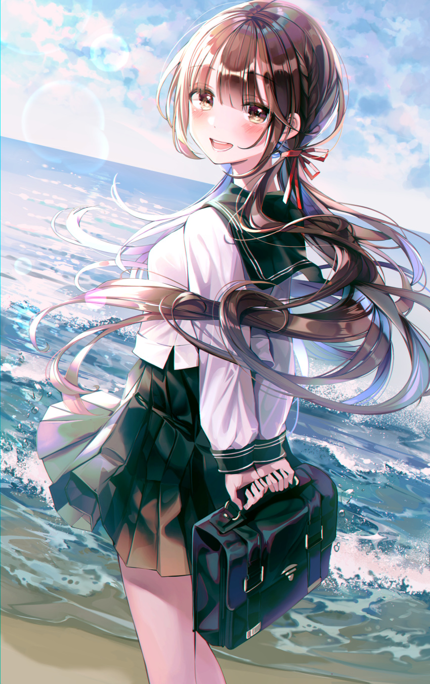 1girl :d absurdres bag bangs beach black_bag black_skirt blue_sky blush breasts brown_eyes brown_hair buri_(retty9349) clouds cloudy_sky day eyebrows_visible_through_hair hair_ribbon highres holding holding_bag long_hair long_sleeves looking_at_viewer low_twintails lower_teeth medium_breasts ocean open_mouth original outdoors pleated_skirt red_ribbon ribbon school_bag school_uniform serafuku shirt skirt sky smile solo teeth twintails upper_teeth very_long_hair water white_shirt