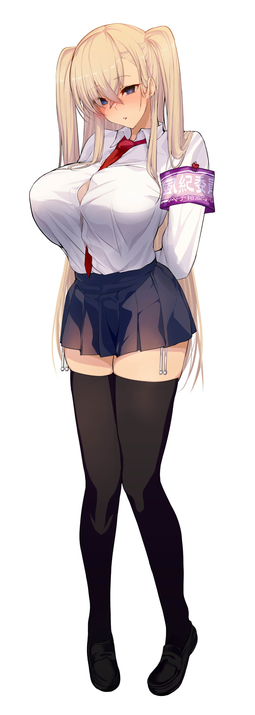 1girl absurdres armband between_breasts black_footwear black_legwear black_skirt blonde_hair blue_eyes blush breasts collared_shirt earrings highres jewelry large_breasts long_hair necktie necktie_between_breasts open_clothes open_shirt original panties pleated_skirt red_neckwear satou_daiji shirt side-tie_panties skirt stud_earrings thighs twintails underwear white_background white_shirt