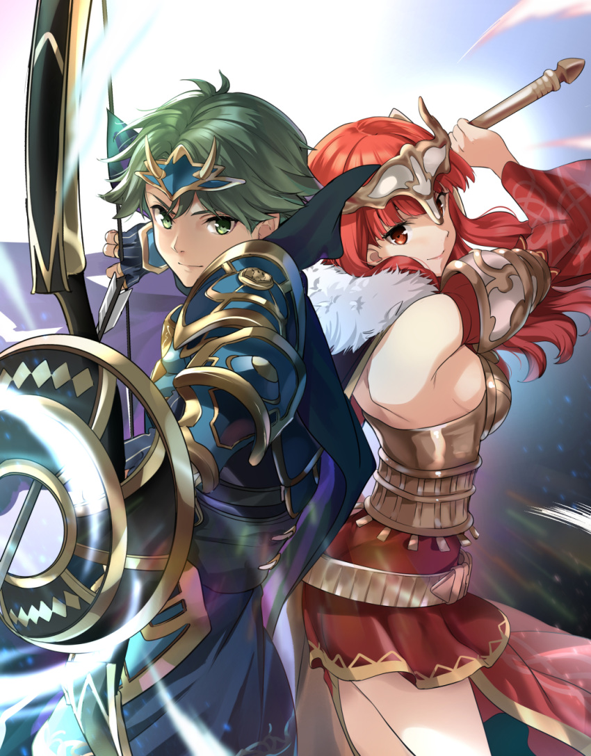 1boy 1girl alm_(fire_emblem) armor arrow_(projectile) bow_(weapon) breasts cape celica_(fire_emblem) closed_mouth fingerless_gloves fire_emblem fire_emblem_echoes:_shadows_of_valentia fire_emblem_heroes from_side fur_trim gloves green_eyes green_hair headpiece highres holding holding_bow_(weapon) holding_sword holding_weapon long_hair misu_kasumi red_eyes redhead short_hair sideboob sword weapon