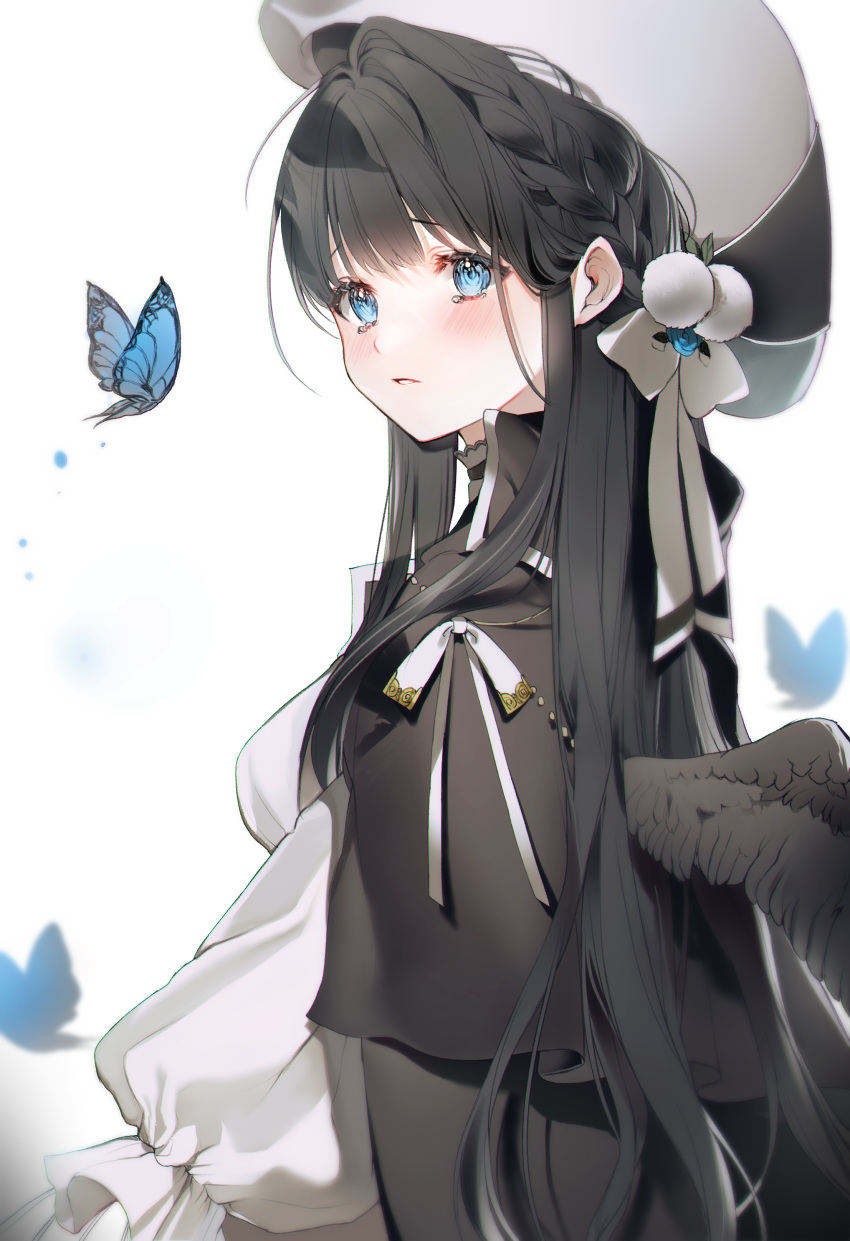 1girl 2sham absurdres bangs black_cape black_hair black_wings blue_eyes blush bow braid breasts bug butterfly cape commentary dress eyebrows_visible_through_hair feathered_wings gradient gradient_background grey_background hair_bow hat highres insect long_hair long_sleeves looking_away looking_to_the_side medium_breasts mini_wings original parted_lips puffy_long_sleeves puffy_sleeves solo tears upper_body very_long_hair white_background white_bow white_dress white_headwear wings