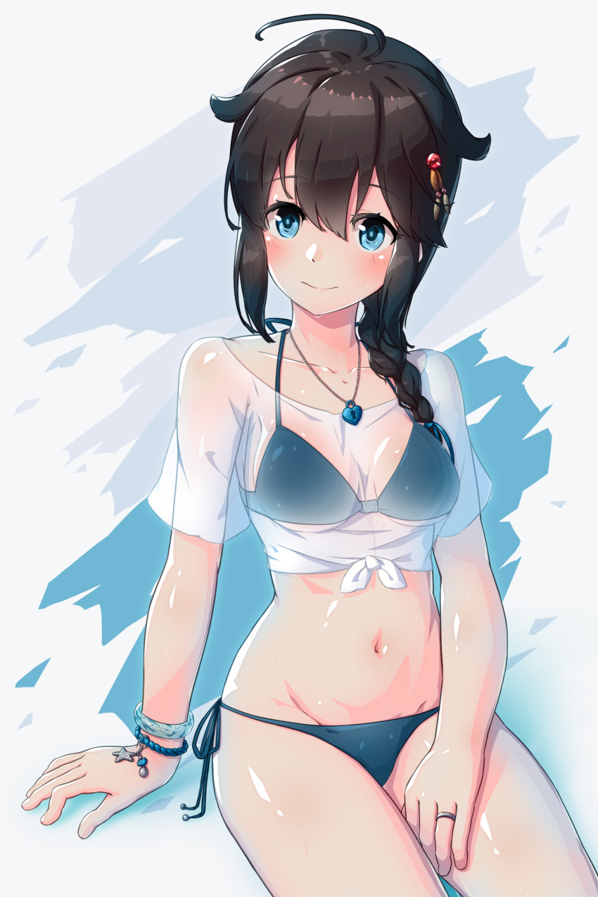 1girl ahoge alternate_costume arthur_ko bikini black_hair blue_bikini blue_eyes bracelet braid breasts hair_flaps hair_over_shoulder heart heart_lock_(kantai_collection) heart_necklace highres jewelry kantai_collection remodel_(kantai_collection) ring see-through shigure_(kantai_collection) shirt short_sleeves side-tie_bikini single_braid sitting small_breasts solo swimsuit t-shirt tied_shirt wedding_band white_shirt