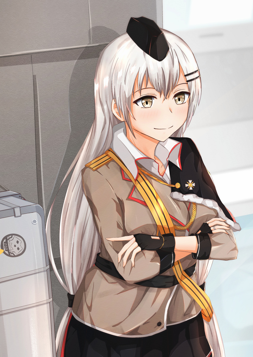 1girl absurdres bangs barrette belt black_gloves black_skirt breasts brown_jacket crossed_arms eyebrows_visible_through_hair girls_frontline gloves grey_eyes grey_hair hair_ribbon hat highres huge_filesize jacket jewelry long_hair looking_away military military_hat military_uniform ribbon ring shirt silver_hair skirt smile solo svd_(girls_frontline) svd_fun tape uniform very_long_hair weapon_case white_shirt