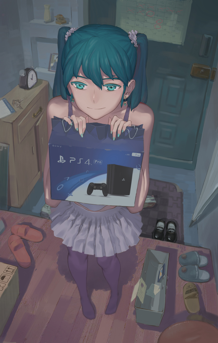 1girl absurdres aqua_eyes aqua_hair bare_shoulders earrings hatsune_miku highres jewelry long_hair pantyhose purple_legwear shoe_removed slippers smile solo twintails vocaloid yurayura