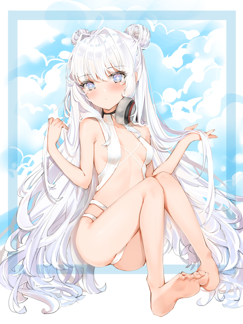 +_+ 1girl absurdres ass azur_lane bangs bare_arms bare_legs bare_shoulders barefoot blush breasts closed_mouth commentary_request double_bun eyebrows_visible_through_hair feet grey_eyes hair_between_eyes hands_up headphones headphones_around_neck highres knees_up le_malin_(azur_lane) le_malin_(wednesday's_retreat)_(azur_lane) legs long_hair looking_at_viewer silver_hair small_breasts soles solo swimsuit toes very_long_hair white_swimsuit yukineko1018