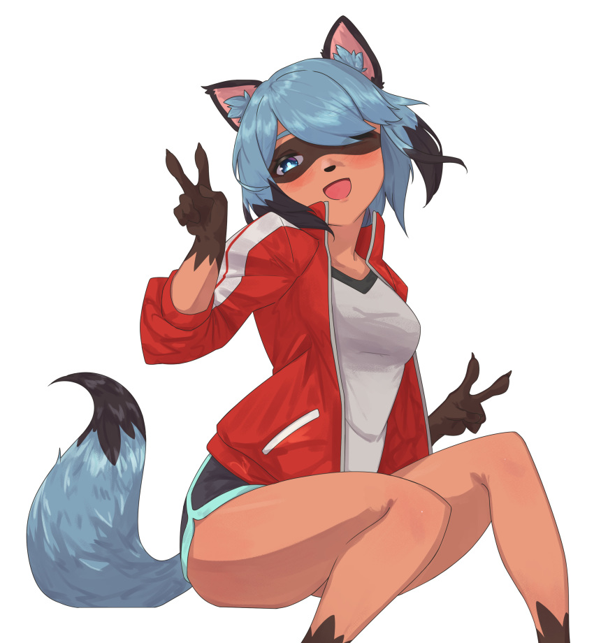 1girl :d absurdres animal_ears bangs blue_eyes blue_hair blue_shorts brand_new_animal breasts commentary_request dark_skin elach eyebrows_visible_through_hair fingernails furry hair_over_one_eye highres jacket kagemori_michiru looking_at_viewer open_mouth raccoon_ears raccoon_girl raccoon_tail red_jacket sharp_fingernails shirt short_hair short_shorts shorts simple_background smile solo tail track_jacket v white_background white_shirt