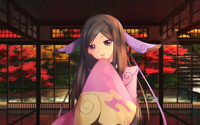 1girl :d architecture bangs black_choker black_hair chami_(charming621) choker commentary_request east_asian_architecture eyebrows_visible_through_hair furisode gym_leader hair_ornament highres indoors japanese_clothes kimono long_hair long_sleeves looking_at_viewer mache_(pokemon) open_mouth pink_kimono pokemon pokemon_(game) pokemon_xy print_kimono sidelocks sleeves_past_fingers sleeves_past_wrists smile solo tree upper_body very_long_hair violet_eyes wide_sleeves window